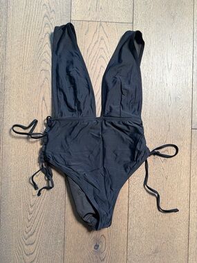 Black Plunge One Piece Swimsuit Lace Up Sides